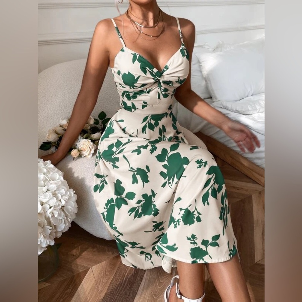 SHEIN Green Floral Midi Dress Twist Bust Summer Wedding Guest Dress L NWOT